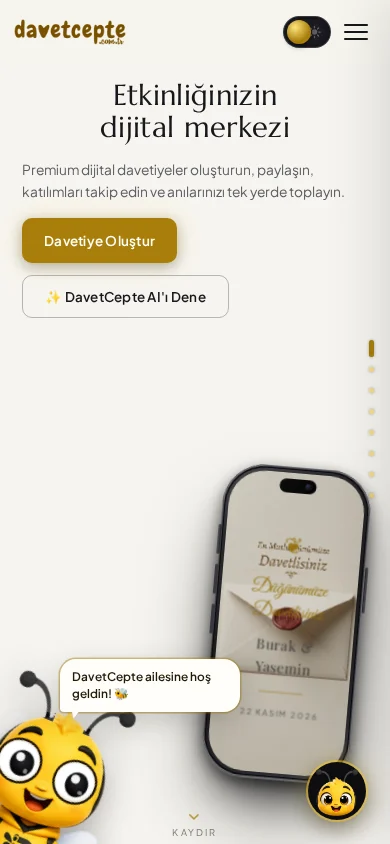 DavetCepte mobil web arayüzü