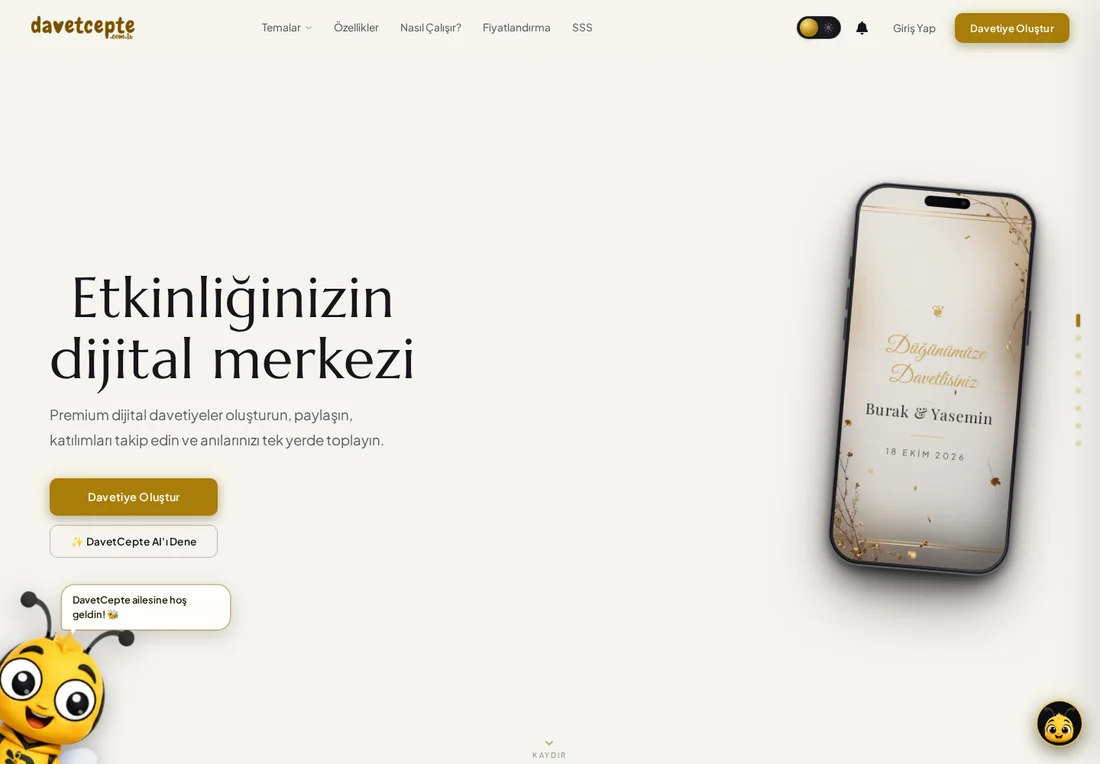 DavetCepte web sitesinin gerçek masaüstü arayüzü