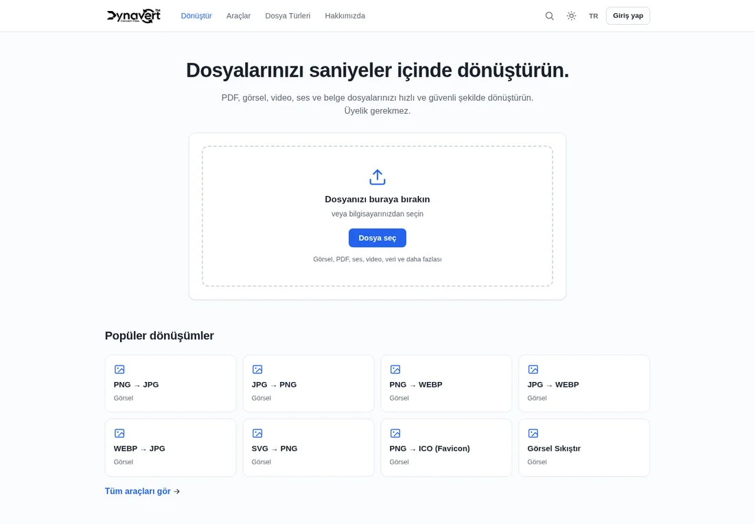 Dynavert web sitesinin gerçek masaüstü arayüzü